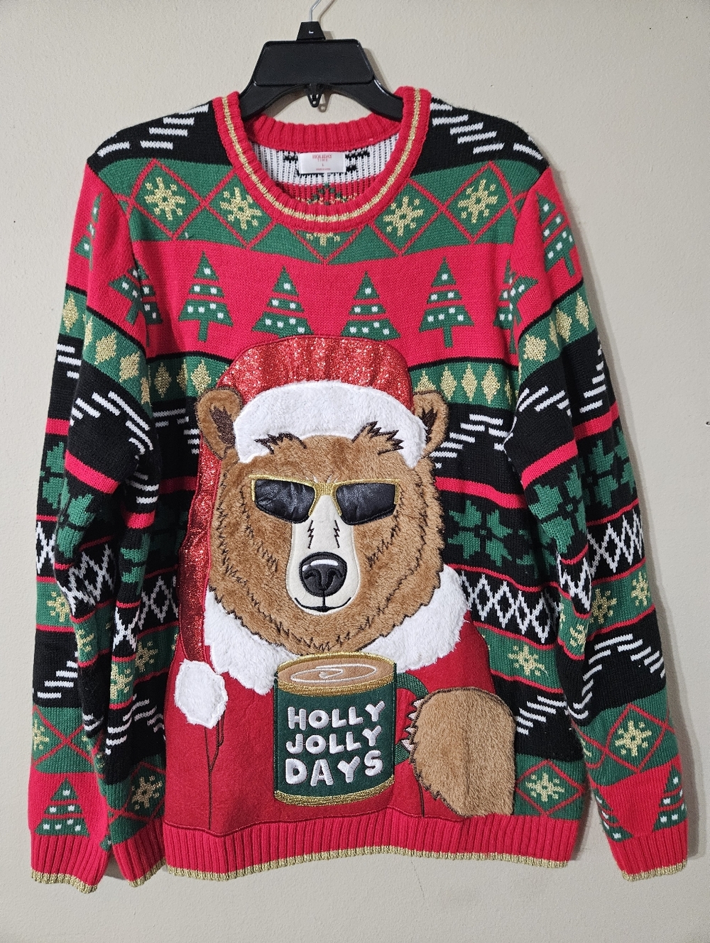Holiday Time Christmas Bear Ugly Sweater Large